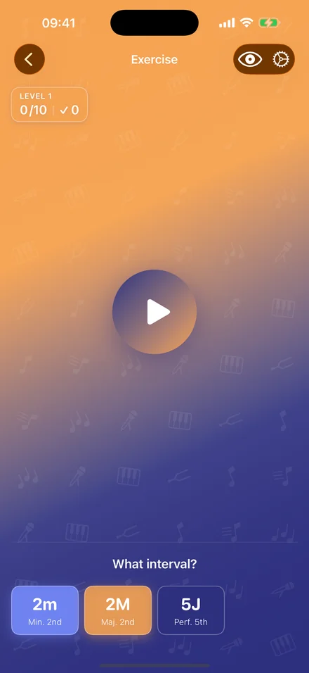Exercise screen: play button and answer choices "Which interval?"